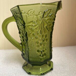 Anchor Hocking 7” Glass Pitcher Vintage Green Depression Glass with Grapes